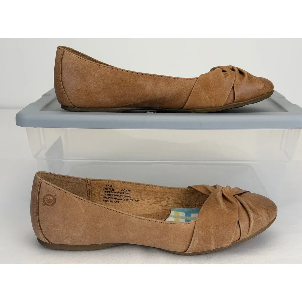Born Leather Ballet Flats Size 7.5 Tan Knotted Toe Slip On Comfort Capsule